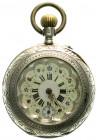 Varia
Uhren
Taschenuhren
Alpenländische Taschenuhr, 800er Silber, um 1900. Remontoir, Cylindre 6 Steine, graviertes Werk, buntes emaill. Ziffernbla...