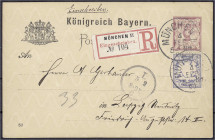 Briefmarken
Deutschland
Altdeutschland
5 Pf. lila, sämisch 1888/90, gelaufen, Wappen 4, R-Postkarte mit kopfstehendem Wertstempel. Mi. 225,-€. Mich...