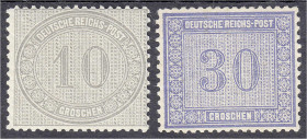 Briefmarken
Deutschland
Deutsches Reich
10+30 Gr. Freimarken für den Innendienst 1872, zwei postfrische Werte, je geprüft Pfenninger. Mi. 460,-€. *...