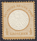 Briefmarken
Deutschland
Deutsches Reich
1/2 Gr. kleiner Brustschild 1872, ungebrauchte Marke mit Originalgummi, farbfrisch, sehr gut geprägt, bis a...