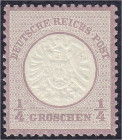 Briefmarken
Deutschland
Deutsches Reich
1/4 Gr. großer Brustschild 1872, postfrische Luxuserhaltung, unsigniert. Gutachten Dr. W. Lantelme. Mi. 300...