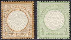 Briefmarken
Deutschland
Deutsches Reich
1/3 Gr. + 1/2 Gr. großer Brustschild 1872, zwei postfrische Werte in Luxuserhaltung, unsigniert, Nr. 17 a K...