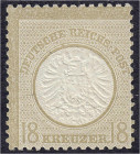 Briefmarken
Deutschland
Deutsches Reich
18 Kreuzer großer Brustschild 1872, postfrische Erhaltung, tiefst gepr. Pfeninnger. Mi. 150,-€. ** Michel 2...