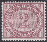 Briefmarken
Deutschland
Deutsches Reich
2 M. Ziffern im Oval 1875, postfrische Erhaltung, geprüft Zenker BPP. Mi. 300,-€. ** Michel 37 e.