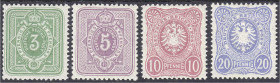 Briefmarken
Deutschland
Deutsches Reich
3 - 20 Pfennig 1880, vier Werte in postfrischer Erhaltung, 3 Pf. Ib gepr. Zenker BPP, 5 Pf. gepr. Jäschke L...