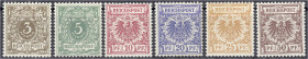 Briefmarken
Deutschland
Deutsches Reich
3 Pf. - 50 Pf. Reichspost 1889, kompletter Satz in postfrischer Erhaltung, geprüft Zenker BPP. Mi. 420,-€. ...