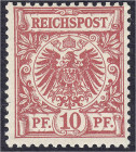 Briefmarken
Deutschland
Deutsches Reich
10 Pf. Reichspost 1889, mittel(karmin)rot, ungebrauchte Erhaltung, fehlerfrei. Fotobefund Jäschke-L. BPP. M...