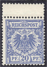 Briefmarken
Deutschland
Deutsches Reich
20 Pf. Reichspost 1889, (mittel)blau, postfrische Luxuserhaltung, farbfrisch, signiert Pfenninger. Fotobefu...