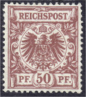 Briefmarken
Deutschland
Deutsches Reich
50 Pf. Reichspost 1889, (lebhaft)bräunlichrot, ungebraucht ohne Gummierung, farbfrisch, gut zentriert und o...