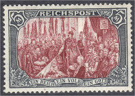 Briefmarken
Deutschland
Deutsches Reich
5 M. Reichspost 1900, farbfrisch, gut gezähnt und befindet sich zum Zeitpunkt der Prüfung in fehlerfreier, ...