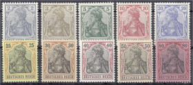 Briefmarken
Deutschland
Deutsches Reich
2 Pf. - 80 Pf. Freimarken 1902, kompletter Satz in postfrischer Erhaltung, ab 20 Pf. bis 80 Pf. geprüft Jäs...