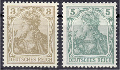 Briefmarken
Deutschland
Deutsches Reich
3 Pf. und 5 Pf. Germania 1902, ohne Wasserzeichen, zwei ungebrauchte Werte in der Farbe ,,b", geprüft Jäsch...