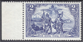 Briefmarken
Deutschland
Deutsches Reich
2 M. schwärzlich- bis schwarzblau 1902, gotische Inschrift, linker Seitenrand, befindet sich in fehlerfreie...