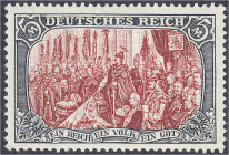 Briefmarken
Deutschland
Deutsches Reich
5 M. gelblichrot 1902, ohne Wasserzeichen, Zähnung 26:17, ungebraucht und befindet sich in einwandfreier Qu...