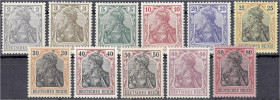 Briefmarken
Deutschland
Deutsches Reich
2 Pf. - 80 Pf. Friedensdruck 1905/13, kompletter Satz in postfrischer Erhaltung, bis auf 30 Pf. jeder Wert ...