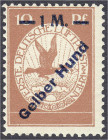 Briefmarken
Deutschland
Deutsches Reich
1 M auf 10 Pf. Flugpostmarke/Gelber Hund 1912, ungebrauchte Erhaltung mit Falz. Fotoattest Jäschke-Lantelme...