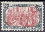 Briefmarken
Deutschland
Deutsches Reich
5 M. grünschwarz/dunkelkarmin 1915, das Prüfstück ist echt, Zähnung 26:17, postfrisch mit Originalgummierun...