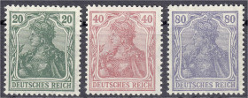 Briefmarken
Deutschland
Deutsches Reich
20 Pf., 40 Pf. u. 80 Pf. Freimarken 1920, drei postfrische Werte, Mi.-Nr. 143 c gepr. Infla, 145 b Kurzbefu...