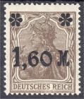 Briefmarken
Deutschland
Deutsches Reich
1.60 M auf 5 (Pf.) Freimarken 1921, dunkelbraun, ungebrauchte Erhaltung, fehlerfrei. Fotobefund Tworek BPP....