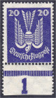 Briefmarken
Deutschland
Deutsches Reich
20 Pf. Holztaube 1924, postfrische Erhaltung, Wasserzeichen 2 Y (waagerechte Riffelung), geprüft Schlegel B...