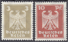 Briefmarken
Deutschland
Deutsches Reich
3 Pf. und 10 Pf. Reichsadler 1924, zwei postfrische Werte mit Wasserzeichen Y (liegend), geprüft Schlegel B...