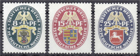 Briefmarken
Deutschland
Deutsches Reich
8 Pf., 15 Pf. und 25 Pf. Deutsche Nothilfe 1928, drei postfrische Werte mit Wasserzeichen X (stehend), unsi...