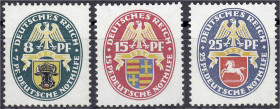 Briefmarken
Deutschland
Deutsches Reich
8 Pf., 15 Pf. und 25 Pf. Deutsche Nothilfe 1928, drei postfrische Werte mit Wasserzeichen X (stehend), 8 Pf...