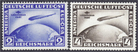 Briefmarken
Deutschland
Deutsches Reich
2 M + 4 M Südamerikafahrt 1930, kompletter Satz in ungebrauchter Erhaltung, Wasserzeichen X (stehend). Mi. ...