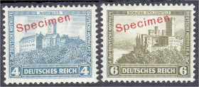 Briefmarken
Deutschland
Deutsches Reich
4+2 Pf. und 6+4 Pf. Deutsche Nothilfe 1932, zwei postfrische Werte mit Aufdruck ,,SPECIMEN". Selten. ** Mic...