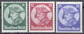 Briefmarken
Deutschland
Deutsches Reich
6 Pf.-25 Pf. Fridericus 1933, kompletter Satz in postfrischer Erhaltung, 25 Pf. geprüft Schlegel BPP. Mi. 3...