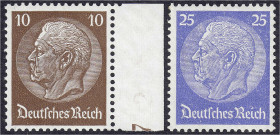 Briefmarken
Deutschland
Deutsches Reich
10 Pf. und 25 Pf. Hindenburg, 1933, zwei postfrische Werte, 10 Pf. Hakenkreuze nach rechts, 25 Pf. in der ,...