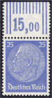 Briefmarken
Deutschland
Deutsches Reich
25 Pf. Hindenburg 1933, postfrische Kabinetterhaltung, Oberrandstück in der Farbe ,,b" (lebhaftultramarin),...