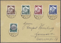 Briefmarken
Deutschland
Deutsches Reich
3 Pf. - 25 Pf. Saarabstimmung 1935, überfrankierter Ersttagsbrief mit 50 Pf. Hindenburg, traumhafte Entwert...