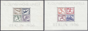 Briefmarken
Deutschland
Deutsches Reich
Olympische Sommerspiele 1936, zwei Blöcke in postfrischer Erhaltung, je geprüft Schlegel BPP. Mi. 280,-€. *...