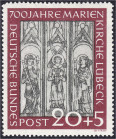 Briefmarken
Deutschland
Bundesrepublik Deutschland
20+5 Pf. Marienkirche 1951, postfrische Luxuserhaltung mit Plattenfehler ,,II" (grauer Fleck im ...