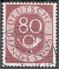 Briefmarken
Deutschland
Bundesrepublik Deutschland
80 Pf. Posthorn 1952, sauber gestempelt mit Plattenfehler ,,III" (,,Feder": Striche im Oval über...