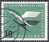 Briefmarken
Deutschland
Bundesrepublik Deutschland
10 Pf. Lufthansa 1955, gestempelt in sehr guter Erhaltung, Plattenfehler ,,I" (unterer Balken de...