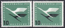 Briefmarken
Deutschland
Bundesrepublik Deutschland
10 Pf. Lufthansa 1955, postfrische Luxuserhaltung mit Plattenfehler ,,I" (unterer Balken des ,,E...