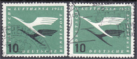 Briefmarken
Deutschland
Bundesrepublik Deutschland
10 Pf. Lufthansa 1955, gestempelt mit Plattenfehler ,,I" (unterer Balken des ,,E" in ,,BUNDESPOS...