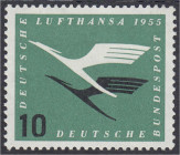Briefmarken
Deutschland
Bundesrepublik Deutschland
10 Pf. Lufthansa 1955, postfrische Luxuserhaltung mit Plattenfehler ,,III" (abgeflachte ,,0" der...