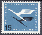 Briefmarken
Deutschland
Bundesrepublik Deutschland
15 Pf. Lufthansa 1955, postfrische Erhaltung mit Plattenfehler ,,I" (Delle am linken Oberrand). ...