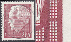 Briefmarken
Deutschland
Bundesrepublik Deutschland
20 Pf. Heinrich Lübke 1964, tolles Exemplar mit zentrischer Entwertung ,,FÜRTH 16.7.64", Platten...