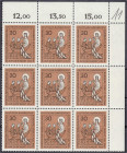 Briefmarken
Deutschland
Bundesrepublik Deutschland
30 Pf. Katholikentag 1966, postfrischer Eckrandneunerblock mit Plattenfehler ,,II" angesetzte Bi...