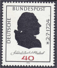 Briefmarken
Deutschland
Bundesrepublik Deutschland
Gottlieb Klopstock 1974, postfrische Kabinetterhaltung mit Plattenfehler ,,II" (Namenszug über W...
