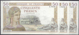 Banknoten
Ausland
Frankreich
3 X 50 Francs 17.3.1938. 2 Scheine mit Folgenummer. alle II, teils kl. Nadelstiche. P. 85b.