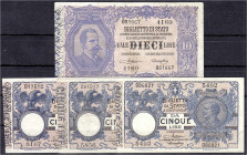 Banknoten
Ausland
Italien
4 Scheine: 10 Lire 5.2.1888, 3 X 5 Lire 19.10.1904. II bis III. Pick 20.a, 3 X 23.a.