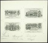 Banknoten
Ausland
Litauen
Probeandruck-Bogen des 5, 10, 20 und 50 Centu Scheins 16.11.1922. Jeweils Vorderseiten in schwarz/weiß mit div. Passern u...