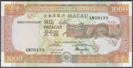 Banknoten
Ausland
Macau
1000 Patacas 8.7.1991 mit ADMINISTRATOR. I, sehr selten. Pick 70a.