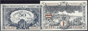 Banknoten
Ausland
Monaco
2 ESSAI-Scheine zu 50 Centimes und 1 Franc 16.3.1920. I und I-, sehr selten. Pick 4 S, 5 S.