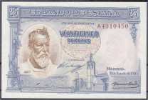 Banknoten
Ausland
Spanien
25 Pesetas 31.8.1936. Serie A. I, sehr selten. Pick 87b.